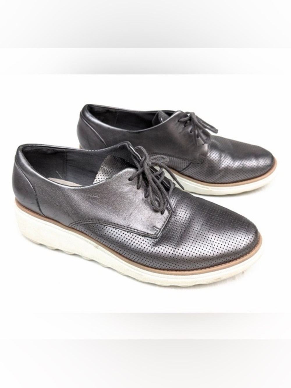 Clarks Sharon Crystal Leather wedges oxfords metallic cushion breathable flats 9